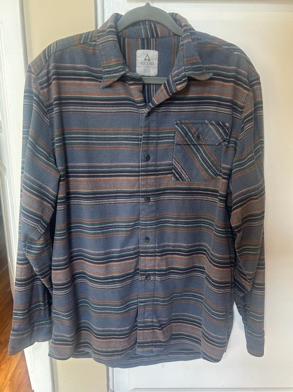 Ascend Mens Flannel Shirt Large Blue Navy Brown Stripe Long Sleeve